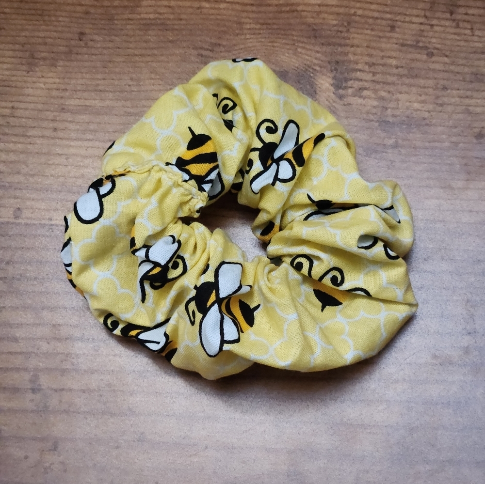 Handmade Bumble Bee Cotton Scrunchie Yellow Honeycomb Fluffy Hair Tie